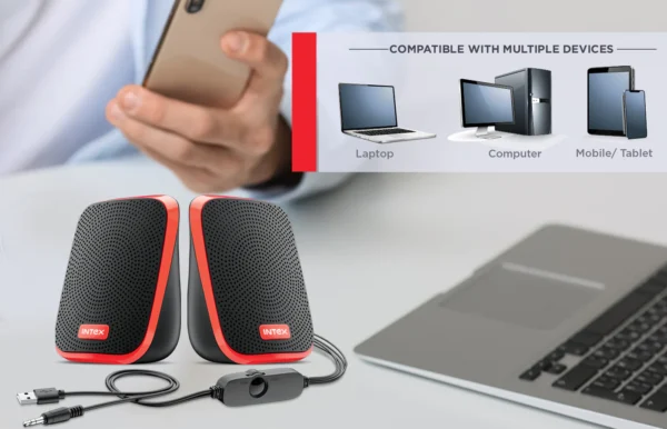 Intex IT-120 2.0 Channel Desktop Speaker with 10W Powerful Sound, USB Powered, 3.5mm Jack, in-Line Volume Control, Loud & Compact Design, Portable for Laptop, Computer, Mobile - Image 2