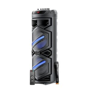 Intex Thriller 1100 Trolley Speaker | 110W Sound Output | Rechargeable Battery | Karaoke Wireless Mic | Mobile Holder | RGB Lights | FM/USB/AUX/BT Playback | 8" Woofer (Black)