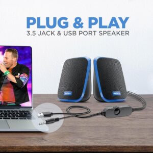 Intex IT-120 2.0 Channel Desktop Speaker with 10W Powerful Sound, USB Powered, 3.5mm Jack, in-Line Volume Control, Loud & Compact Design, Portable for Laptop, Computer, Mobile – Blue