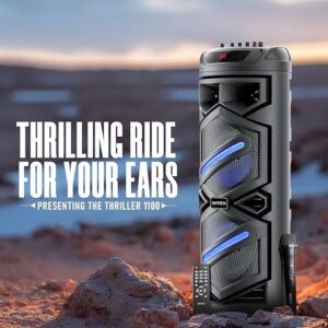 Intex Thriller 1100 Trolley Speaker | 110W Sound Output | Rechargeable Battery | Karaoke Wireless Mic | Mobile Holder | RGB Lights | FM/USB/AUX/BT Playback | 8" Woofer (Black)