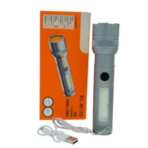 RL-M15D Rechargeable LED Flash Light 100W +100W | 7 Modes, Zoomable Beam, Type-C Charging & Side COB Light for Home, Outdoor & Emergency Use (Grey)