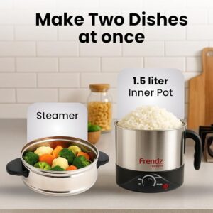 Frendz Forever Multi Kettle Stainless Steel Electric for Cooking 1.5L 600W | Electric Kettle for Travel | Multi Cooker with Steamer & Egg Tray Attachment | Multi Cook Kettle for Egg, Noodle (Silver)