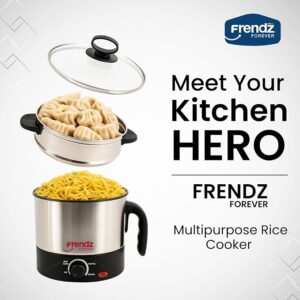 Frendz Forever Multi Kettle Stainless Steel Electric for Cooking 1.5L 600W | Electric Kettle for Travel | Multi Cooker with Steamer & Egg Tray Attachment | Multi Cook Kettle for Egg, Noodle (Silver)