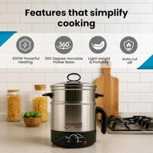 Frendz Forever Multi Kettle Stainless Steel Electric for Cooking 1.5L 600W | Electric Kettle for Travel | Multi Cooker with Steamer & Egg Tray Attachment | Multi Cook Kettle for Egg, Noodle (Silver)