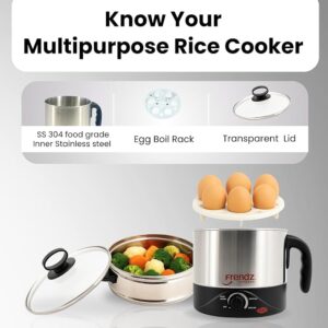 Frendz Forever Multi Kettle Stainless Steel Electric for Cooking 1.5L 600W | Electric Kettle for Travel | Multi Cooker with Steamer & Egg Tray Attachment | Multi Cook Kettle for Egg, Noodle (Silver)