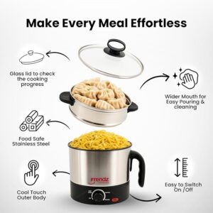 Frendz Forever Multi Kettle Stainless Steel Electric for Cooking 1.5L 600W | Electric Kettle for Travel | Multi Cooker with Steamer & Egg Tray Attachment | Multi Cook Kettle for Egg, Noodle (Silver)