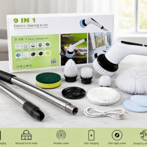 Electric Spin Scrubber Cleaning Brush 9-in-1, Cordless Rechargeable Power Scrubber with Adjustable Long Handle, Bathroom Cleaner Brush for Floor, Tiles, Kitchen, Grout, Wall, Window & Car Cleaning