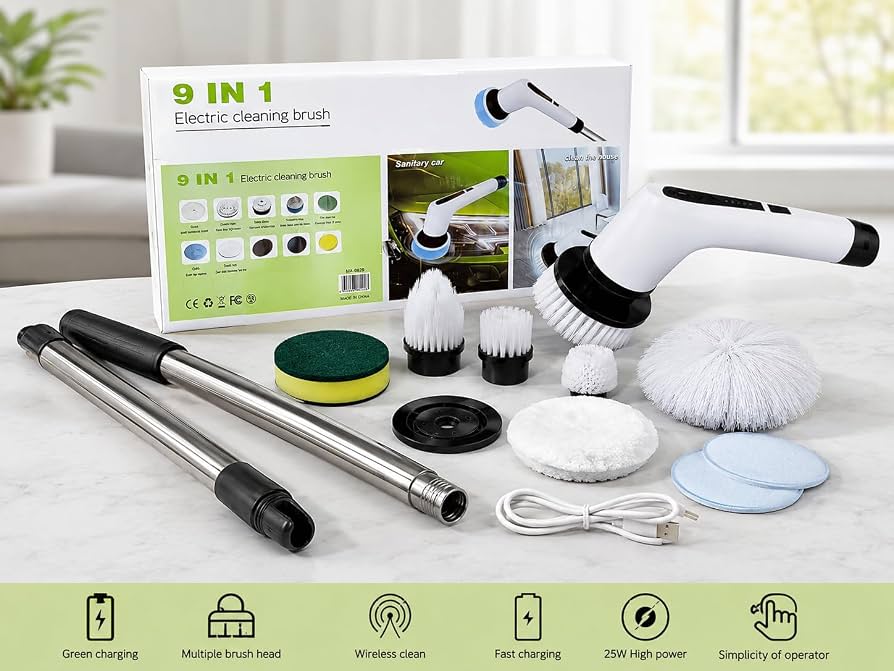Electric Spin Scrubber Cleaning Brush 9-in-1, Cordless Rechargeable Power Scrubber with Adjustable Long Handle, Bathroom Cleaner Brush for Floor, Tiles, Kitchen, Grout, Wall, Window & Car Cleaning