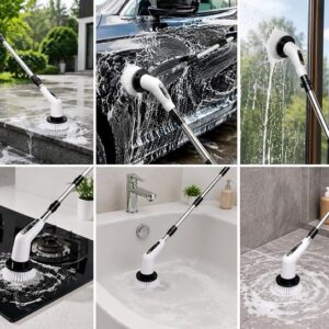 Electric Spin Scrubber Cleaning Brush 9-in-1, Cordless Rechargeable Power Scrubber with Adjustable Long Handle, Bathroom Cleaner Brush for Floor, Tiles, Kitchen, Grout, Wall, Window & Car Cleaning