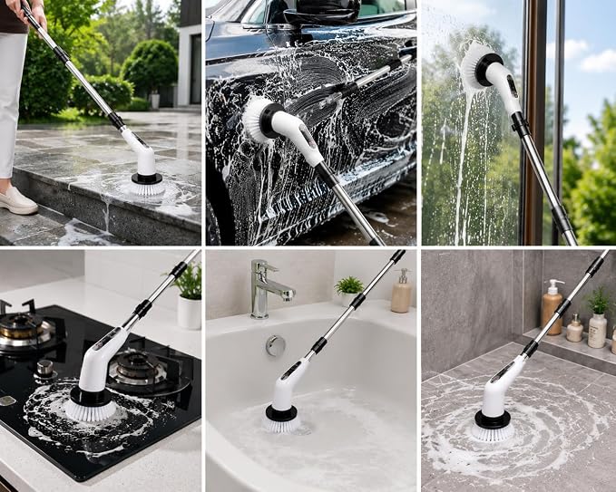 Electric Spin Scrubber Cleaning Brush 9-in-1, Cordless Rechargeable Power Scrubber with Adjustable Long Handle, Bathroom Cleaner Brush for Floor, Tiles, Kitchen, Grout, Wall, Window & Car Cleaning - Image 2