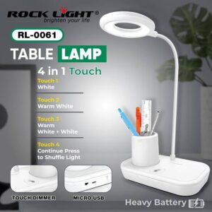 Rocklight Rechargeable LED Table Lamp with Touch Dimmer, Study Lamp