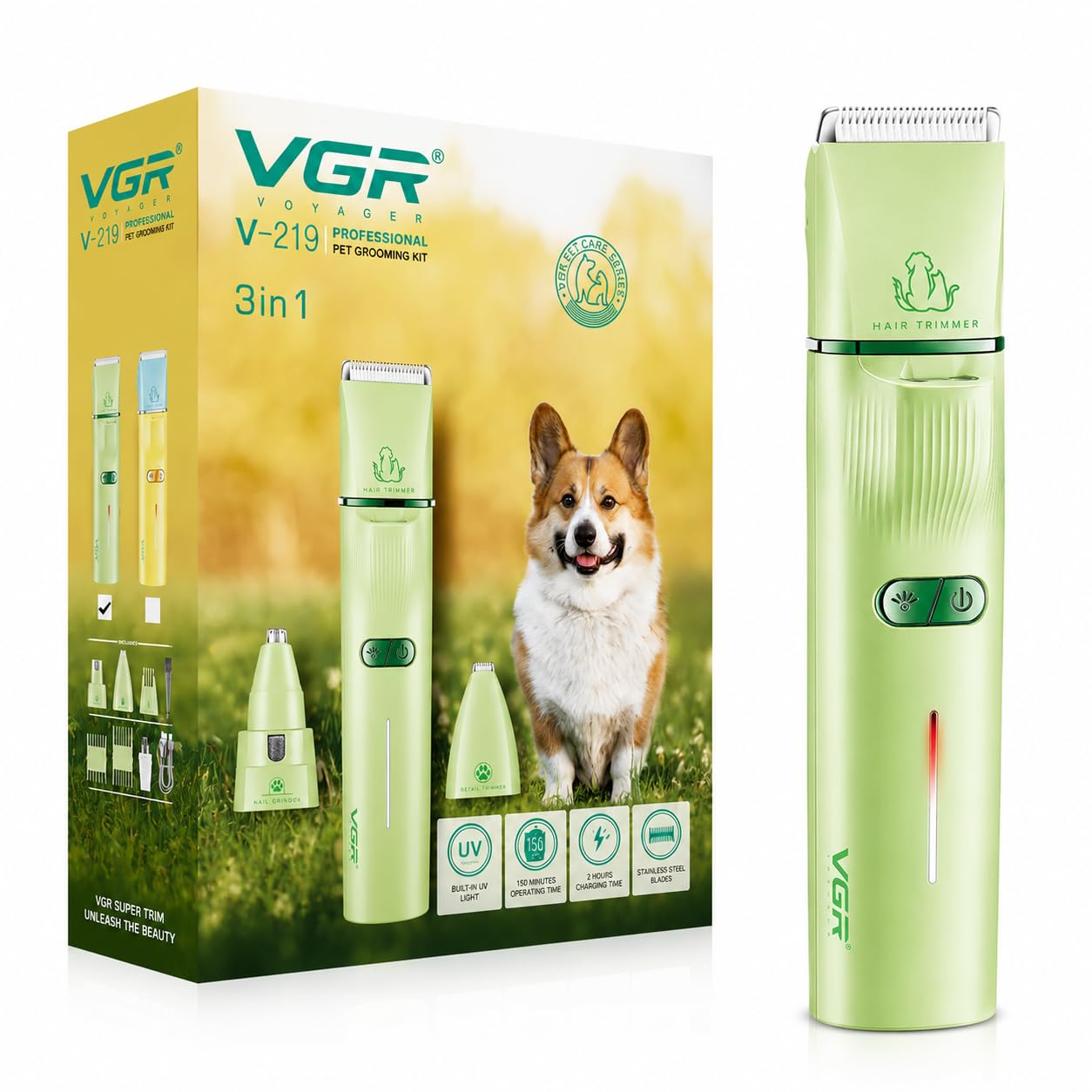 VGR V-219 Professional Pet Grooming Kit for Dogs & Cats | 3-in-1 Pet Hair Clipper, Detail Trimmer & Nail Grinder | 150 Min Runtime | 600mAh Lithium Battery | Ceramic Blade | USB Type-C Charging | Low Noise | 4 Guide Combs