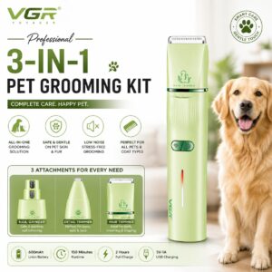 VGR V-219 Professional Pet Grooming Kit for Dogs & Cats | 3-in-1 Pet Hair Clipper, Detail Trimmer & Nail Grinder | 150 Min Runtime | 600mAh Lithium Battery | Ceramic Blade | USB Type-C Charging | Low Noise | 4 Guide Combs