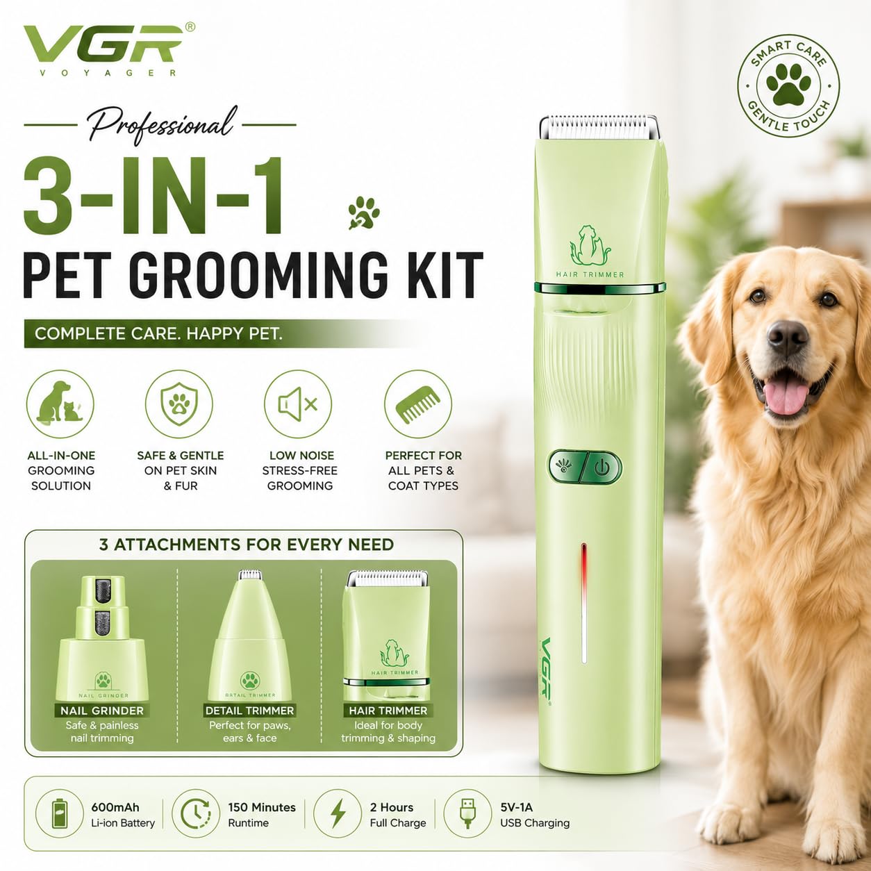 VGR V-219 Professional Pet Grooming Kit for Dogs & Cats | 3-in-1 Pet Hair Clipper, Detail Trimmer & Nail Grinder | 150 Min Runtime | 600mAh Lithium Battery | Ceramic Blade | USB Type-C Charging | Low Noise | 4 Guide Combs - Image 2