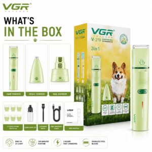VGR V-219 Professional Pet Grooming Kit for Dogs & Cats | 3-in-1 Pet Hair Clipper, Detail Trimmer & Nail Grinder | 150 Min Runtime | 600mAh Lithium Battery | Ceramic Blade | USB Type-C Charging | Low Noise | 4 Guide Combs