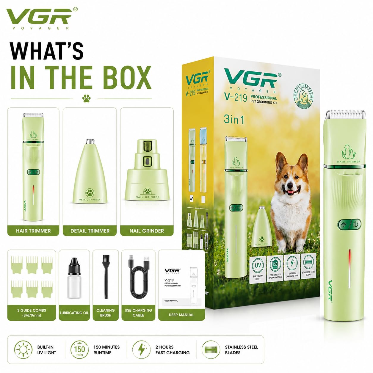 VGR V-219 Professional Pet Grooming Kit for Dogs & Cats | 3-in-1 Pet Hair Clipper, Detail Trimmer & Nail Grinder | 150 Min Runtime | 600mAh Lithium Battery | Ceramic Blade | USB Type-C Charging | Low Noise | 4 Guide Combs - Image 3